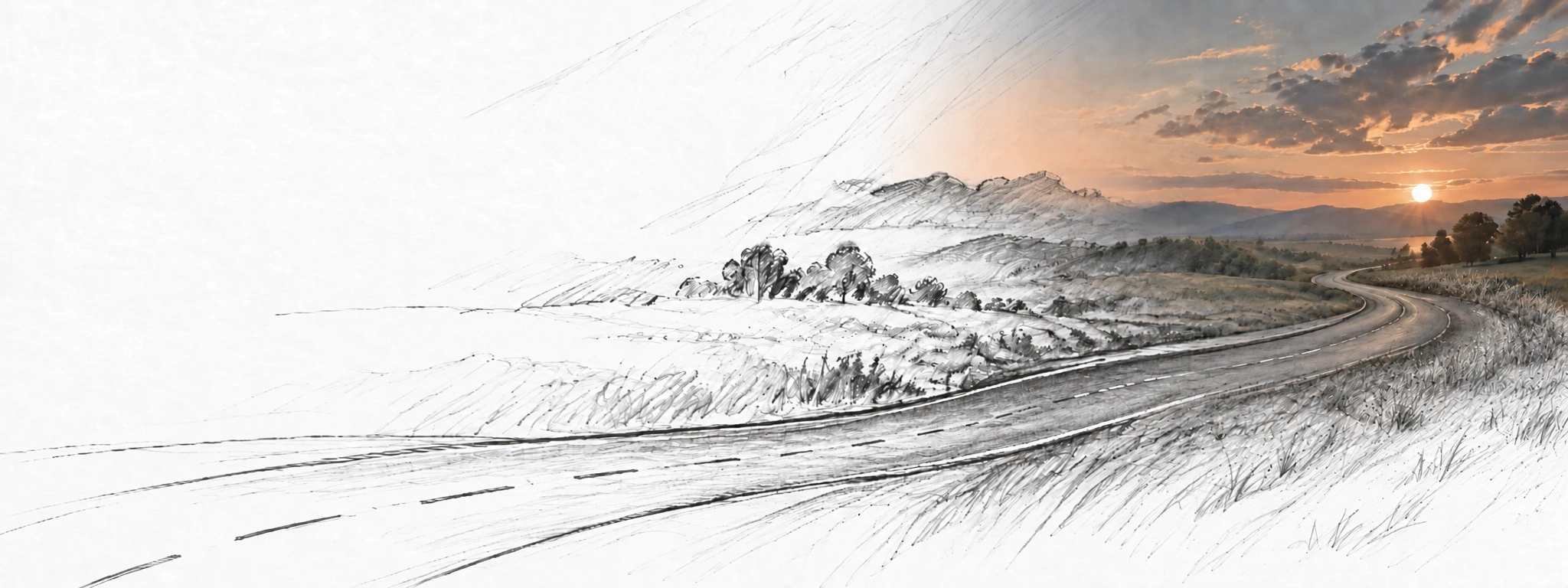 A pencil-drawn road gradually becoming a sunset landscape